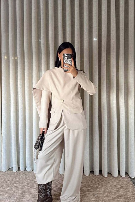 ONE COLOR SCARF DETAIL JACKET+TROUSERS WOMEN SET BEIGE/BEZHE - 4
