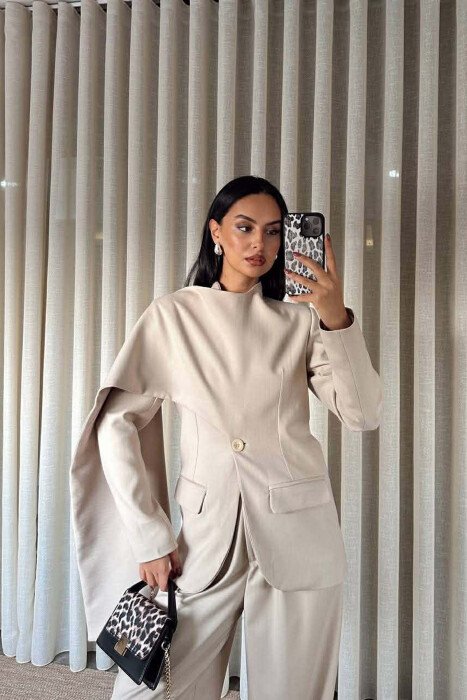 ONE COLOR SCARF DETAIL JACKET+TROUSERS WOMEN SET BEIGE/BEZHE - 5