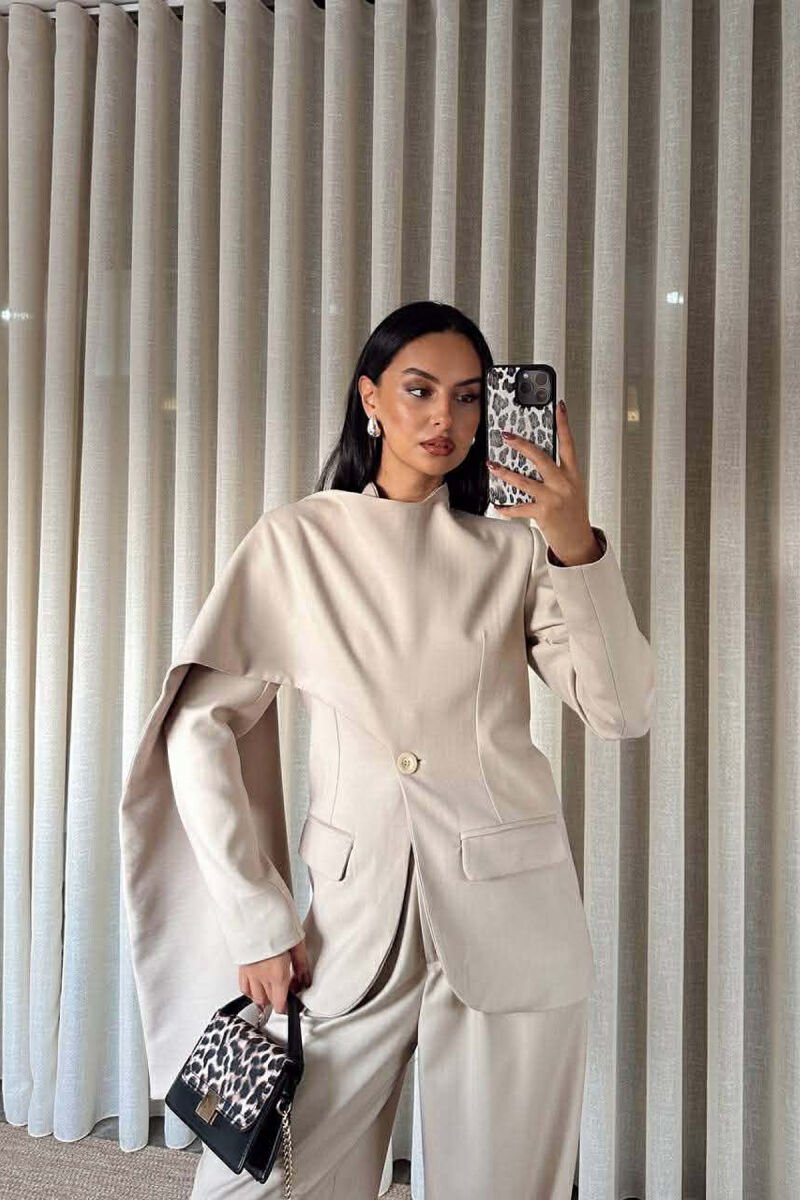 ONE COLOR SCARF DETAIL JACKET+TROUSERS WOMEN SET BEIGE/BEZHE - 5