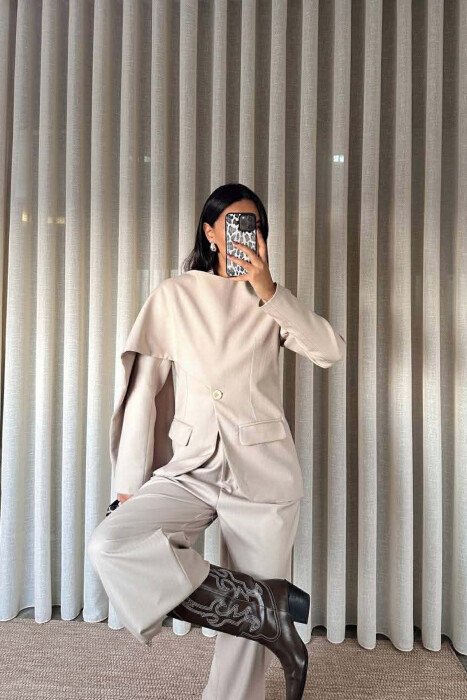 ONE COLOR SCARF DETAIL JACKET+TROUSERS WOMEN SET BEIGE/BEZHE - 7