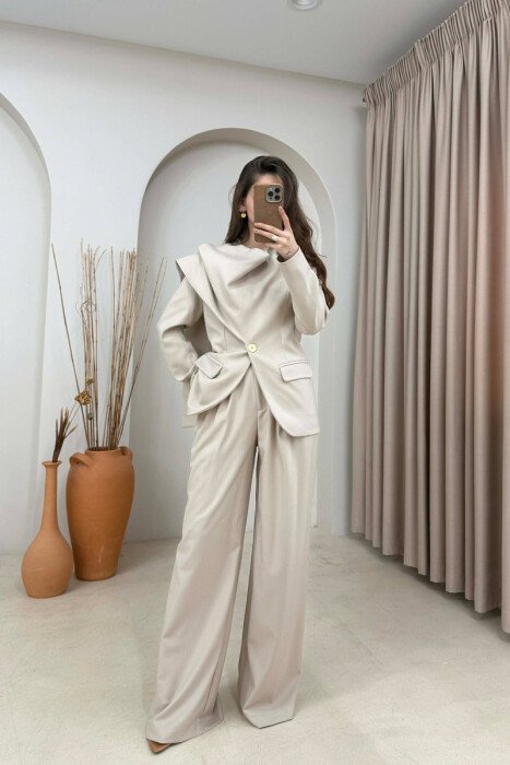 ONE COLOR SCARF DETAIL JACKET+TROUSERS WOMEN SET BEIGE/BEZHE - 1