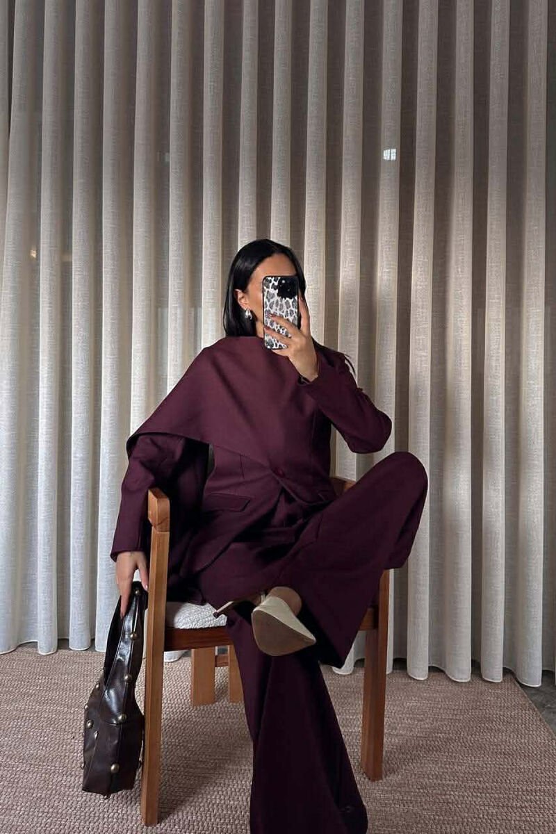ONE COLOR SCARF DETAIL JACKET+TROUSERS WOMEN SET BURGUNDY/VISHNJE - 2