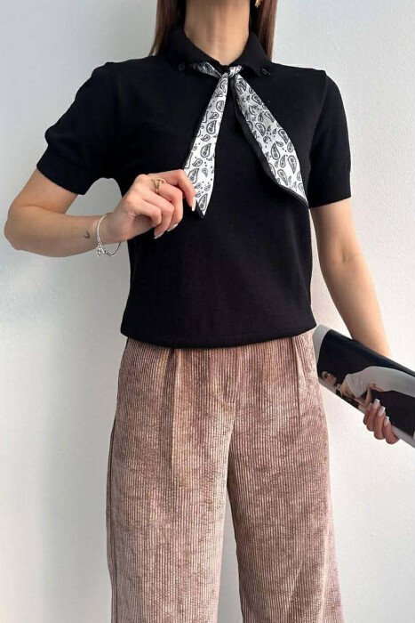 SCARF DETAIL SHORT SLEEVES WOMEN SWEATER BLACK/ E ZEZE 