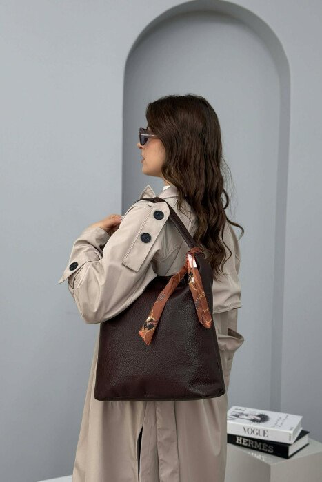 ONE COLOR SCARF DETAIL LEATHER WOMEN BAG BROWN/KAFE - 4