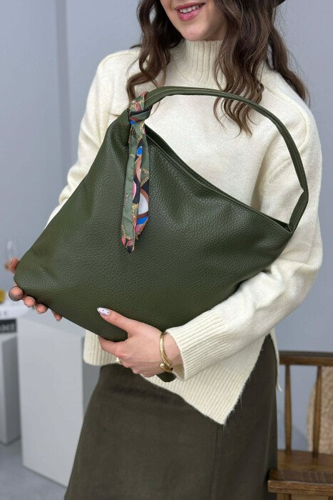 ONE COLOR SCARF DETAIL LEATHER WOMEN BAG GREEN/JESHILE - KLAUDIO FASHION