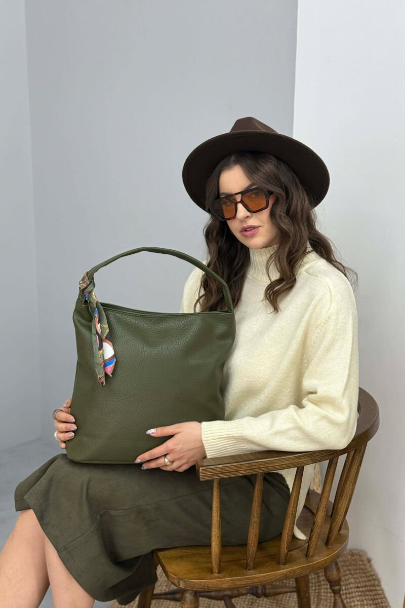 ONE COLOR SCARF DETAIL LEATHER WOMEN BAG GREEN/JESHILE - 4