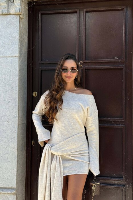 ONE COLOR SCARF DETAIL WOMAN DRESS BEIGE/BEZHE - 4