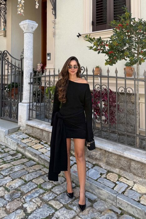 ONE COLOR SCARF DETAIL WOMAN DRESS BLACK/ E ZEZE - 1