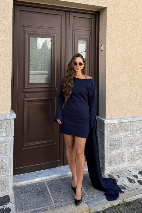 ONE COLOR SCARF DETAIL WOMAN DRESS BLUE/BLU - 1