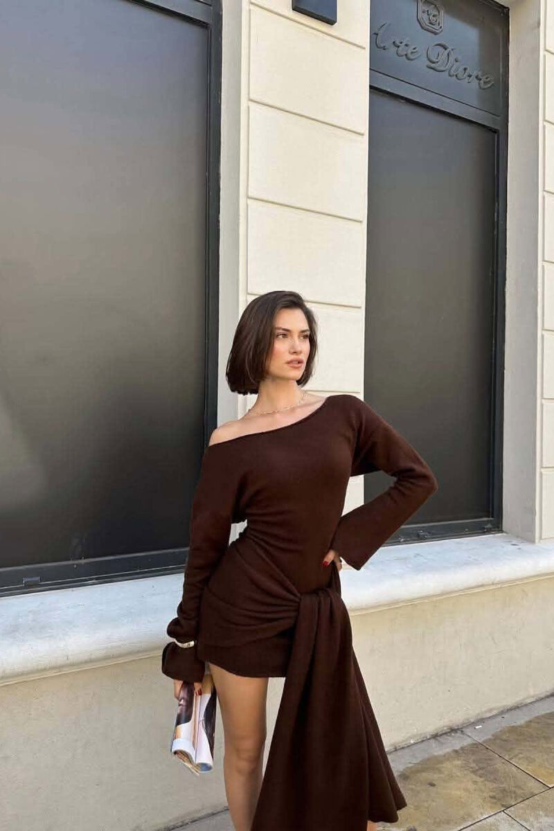 ONE COLOR SCARF DETAIL WOMAN DRESS BROWN/KAFE - 3