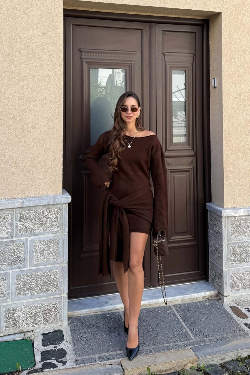 ONE COLOR SCARF DETAIL WOMAN DRESS BROWN/KAFE - 1