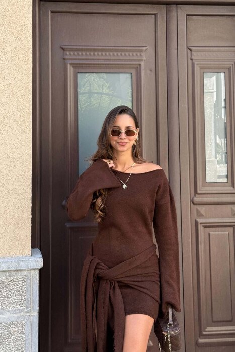 ONE COLOR SCARF DETAIL WOMAN DRESS BROWN/KAFE - 6