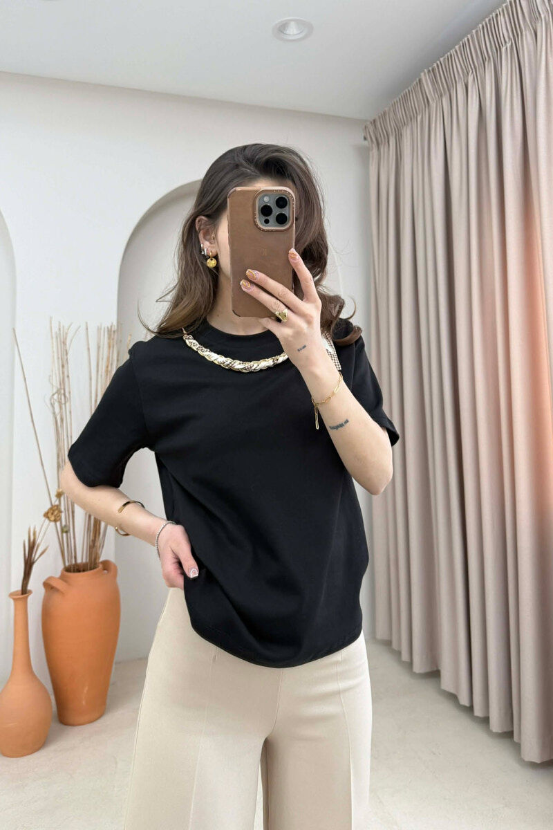 ONE COLOR SCARF DETAIL WOMAN T-SHIRT BLACK/ E ZEZE - 1