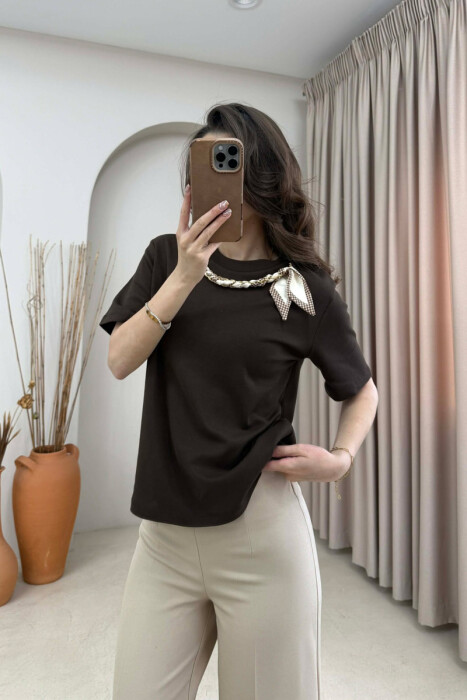 ONE COLOR SCARF DETAIL WOMAN T-SHIRT BROWN/KAFE - 1