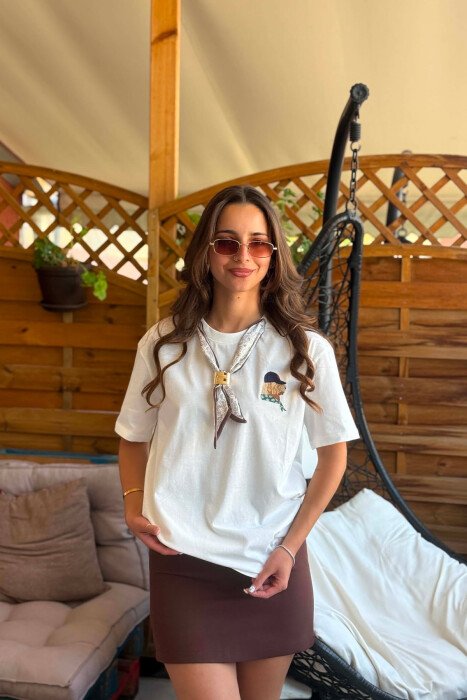 ONE COLOR SCARF DETAIL WOMAN T-SHIRT CREAM/KREM 