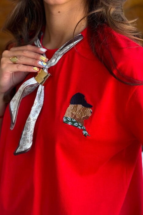 ONE COLOR SCARF DETAIL WOMAN T-SHIRT RED/E KUQE - 2
