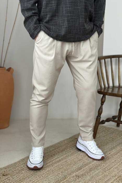 ONE COLOR SEMI ELASTIC WAIST MEN PANTS BEIGE/BEZHE - 4