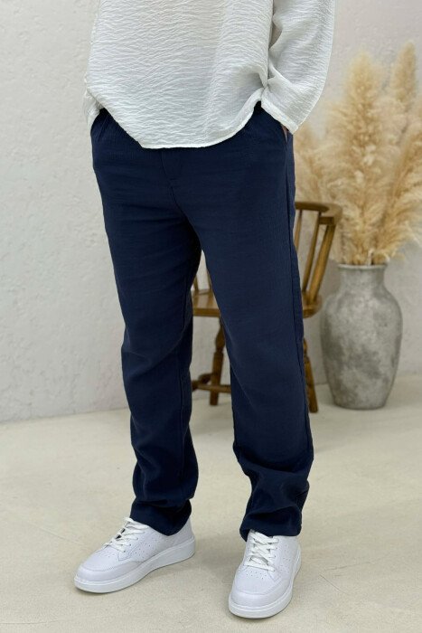 ONE COLOR SEMI ELASTIC WAIST MEN PANTS BLUE/BLU - 1
