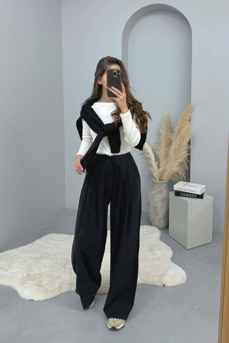 ONE COLOR SEMI ELASTIC WAIST WIDE LEG WOMEN TROUSERS BLACK/ E ZEZE - 2