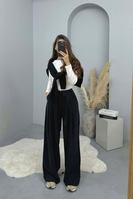 ONE COLOR SEMI ELASTIC WAIST WIDE LEG WOMEN TROUSERS BLACK/ E ZEZE - 3