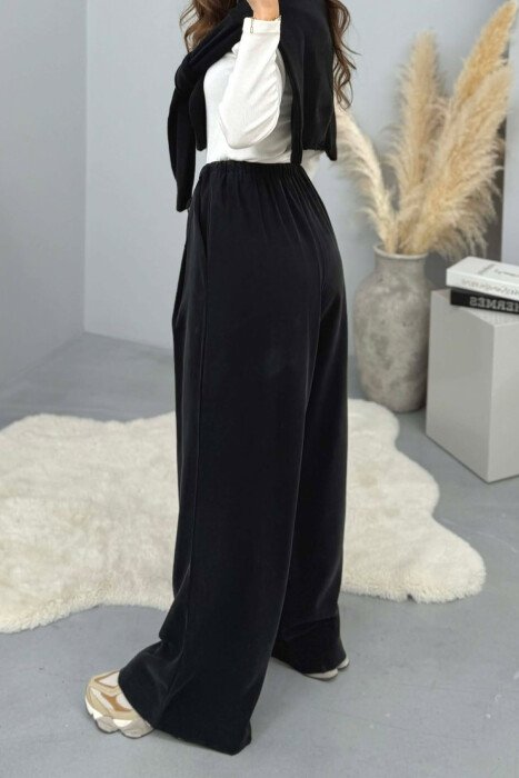 ONE COLOR SEMI ELASTIC WAIST WIDE LEG WOMEN TROUSERS BLACK/ E ZEZE - 4