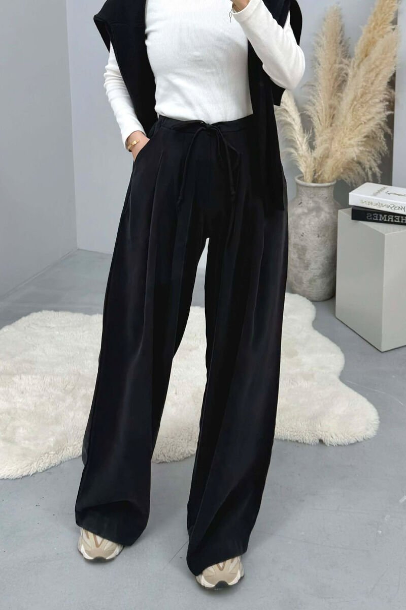 ONE COLOR SEMI ELASTIC WAIST WIDE LEG WOMEN TROUSERS BLACK/ E ZEZE - 1