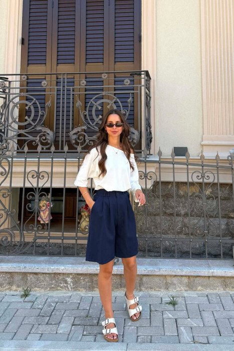 ONE COLOR SEMI ELASTIC WAIST WOMAN SHORTS BLUE/BLU - 2