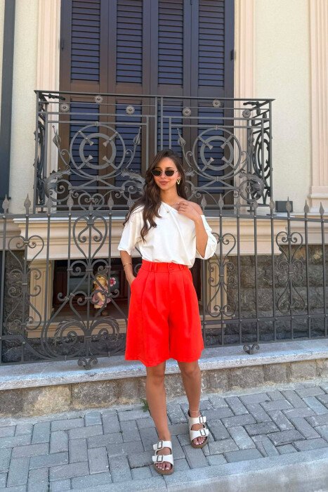 ONE COLOR SEMI ELASTIC WAIST WOMAN SHORTS ORANGE/PORTOKALLI - 1