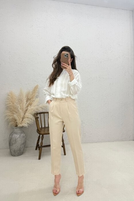 ONE COLOR SEMI ELASTIC WAIST WOMAN TROSERS BEIGE/BEZHE - 1