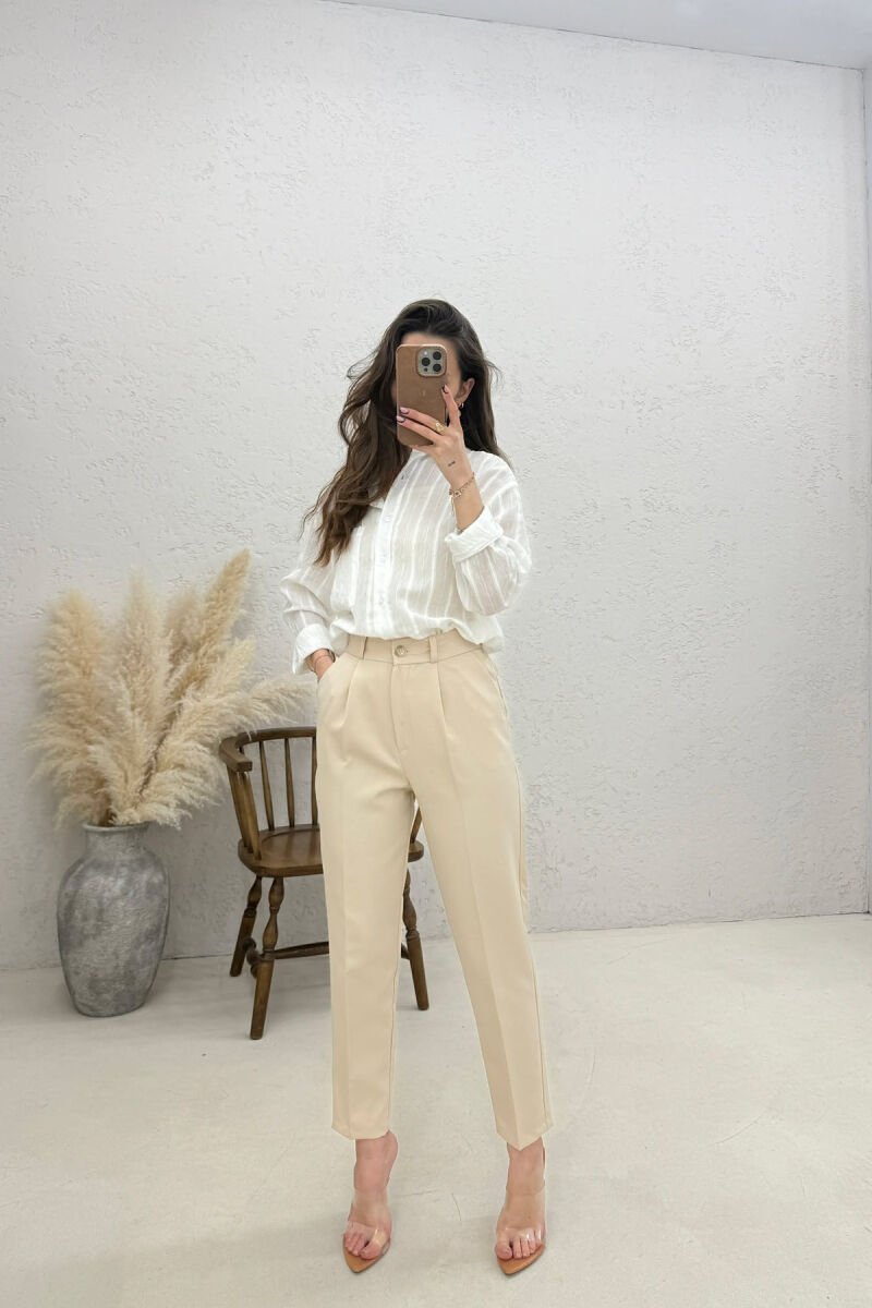 ONE COLOR SEMI ELASTIC WAIST WOMAN TROSERS BEIGE/BEZHE - 1