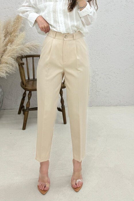 ONE COLOR SEMI ELASTIC WAIST WOMAN TROSERS BEIGE/BEZHE - 3