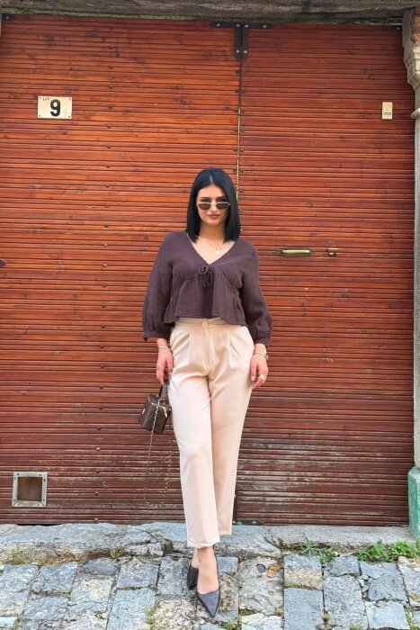ONE COLOR SEMI ELASTIC WAIST WOMAN TROUSERS BEIGE/BEZHE - 1