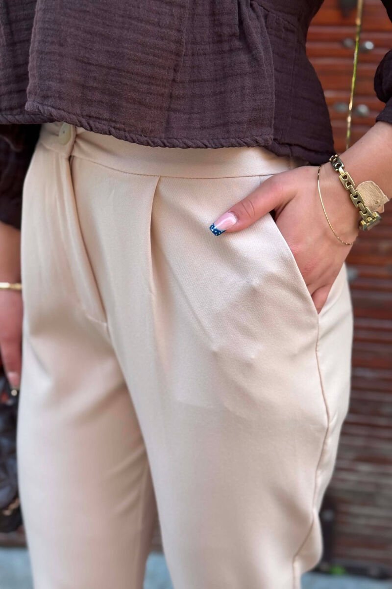 ONE COLOR SEMI ELASTIC WAIST WOMAN TROUSERS BEIGE/BEZHE - 2
