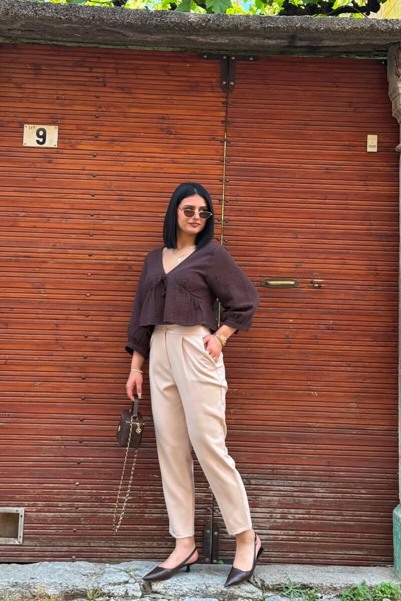 ONE COLOR SEMI ELASTIC WAIST WOMAN TROUSERS BEIGE/BEZHE - 4