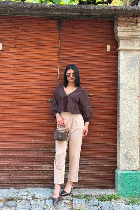 ONE COLOR SEMI ELASTIC WAIST WOMAN TROUSERS BEIGE/BEZHE - 5