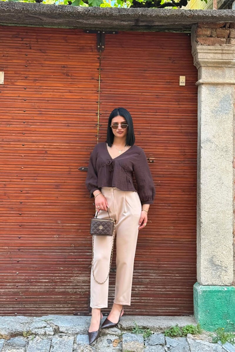 ONE COLOR SEMI ELASTIC WAIST WOMAN TROUSERS BEIGE/BEZHE - 5