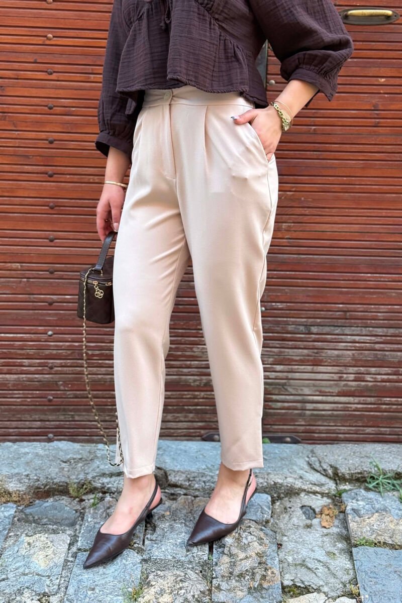 ONE COLOR SEMI ELASTIC WAIST WOMAN TROUSERS BEIGE/BEZHE - 6