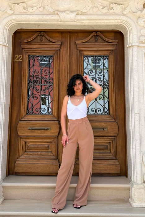 ONE COLOR SEMI ELASTIC WAIST WOMAN TROUSERS BROWN/KAFE 
