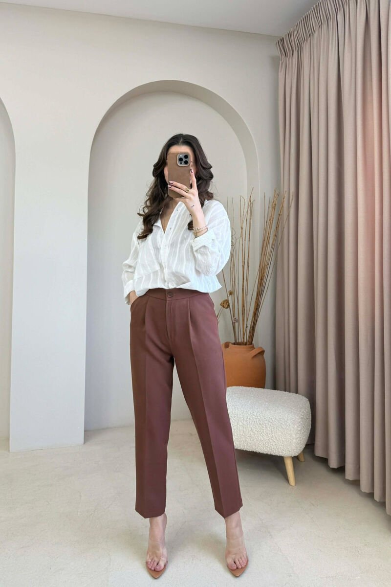 ONE COLOR SEMI ELASTIC WAIST WOMAN TROUSERS BROWN/KAFE - 1