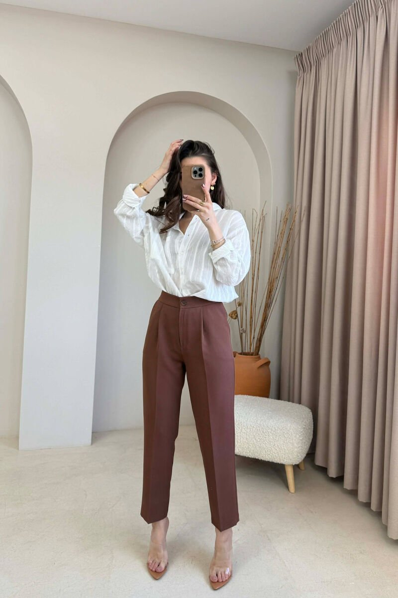 ONE COLOR SEMI ELASTIC WAIST WOMAN TROUSERS BROWN/KAFE - 4