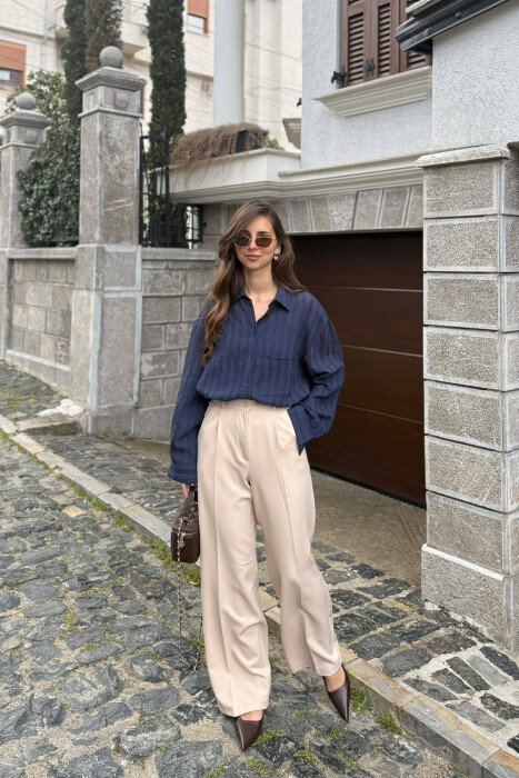 ONE COLOR SEMI ELASTIC WAIST WOMAN TROUSERS CREAM/KREM - KLAUDIO FASHION