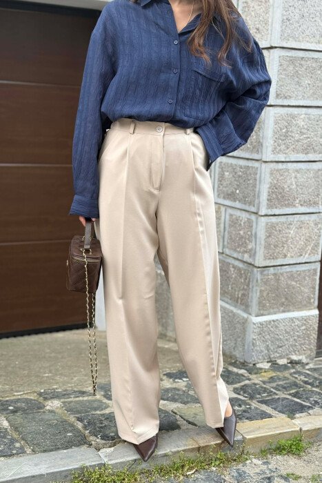 ONE COLOR SEMI ELASTIC WAIST WOMAN TROUSERS CREAM/KREM - 2