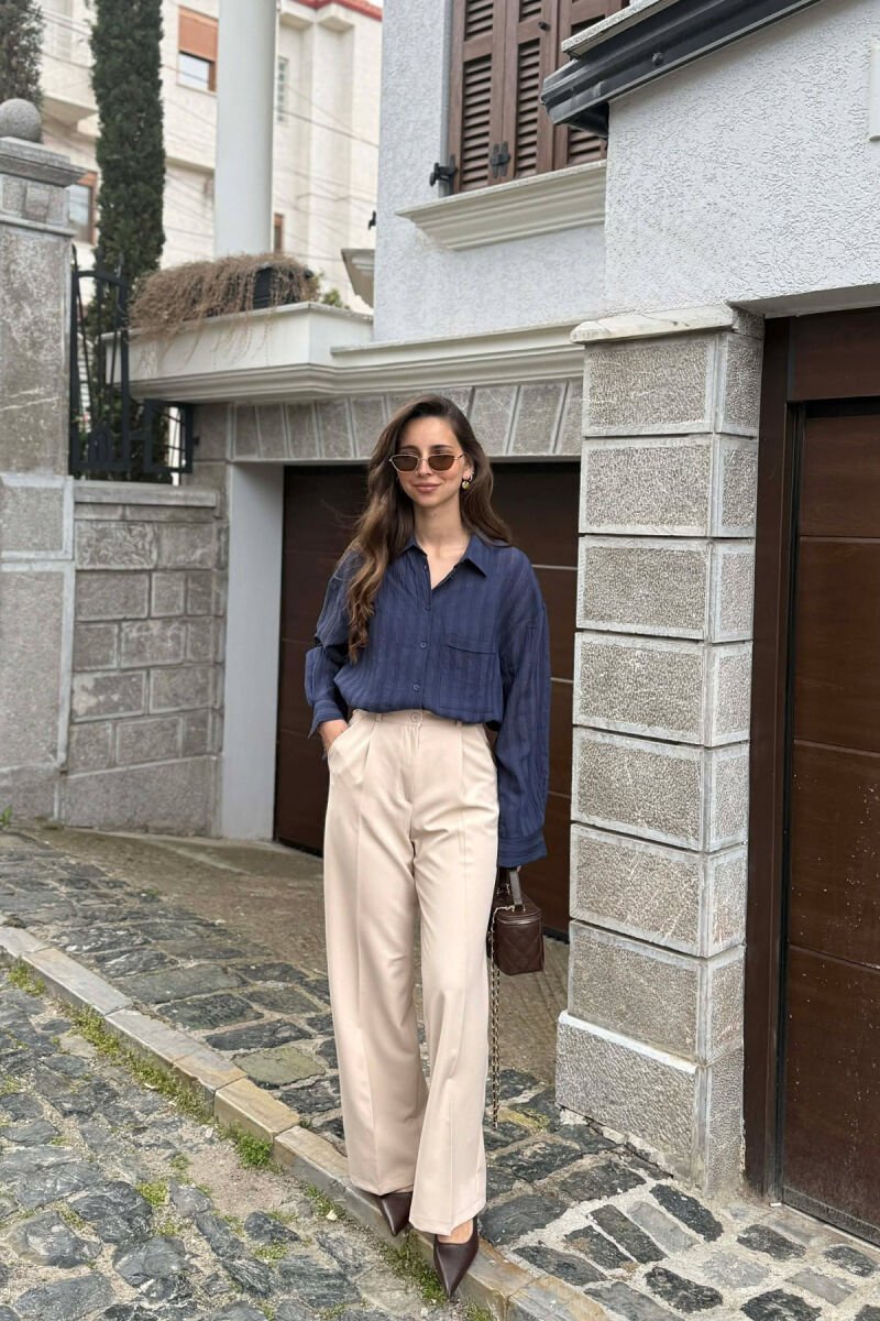 ONE COLOR SEMI ELASTIC WAIST WOMAN TROUSERS CREAM/KREM - 3