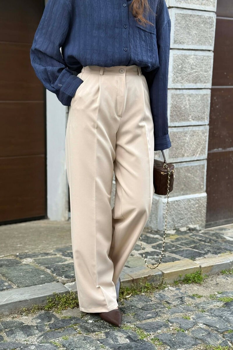 ONE COLOR SEMI ELASTIC WAIST WOMAN TROUSERS CREAM/KREM - 4