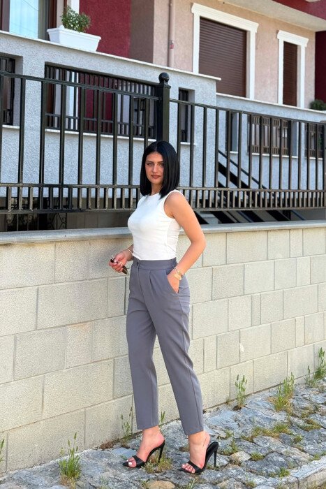 ONE COLOR SEMI ELASTIC WAIST WOMAN TROUSERS DARK GREY/GEE - 4