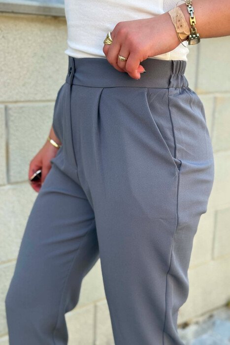 ONE COLOR SEMI ELASTIC WAIST WOMAN TROUSERS DARK GREY/GEE - 6