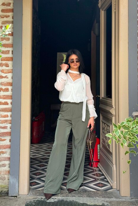 ONE COLOR SEMI ELASTIC WAIST WOMAN TROUSERS GREEN/JESHILE 