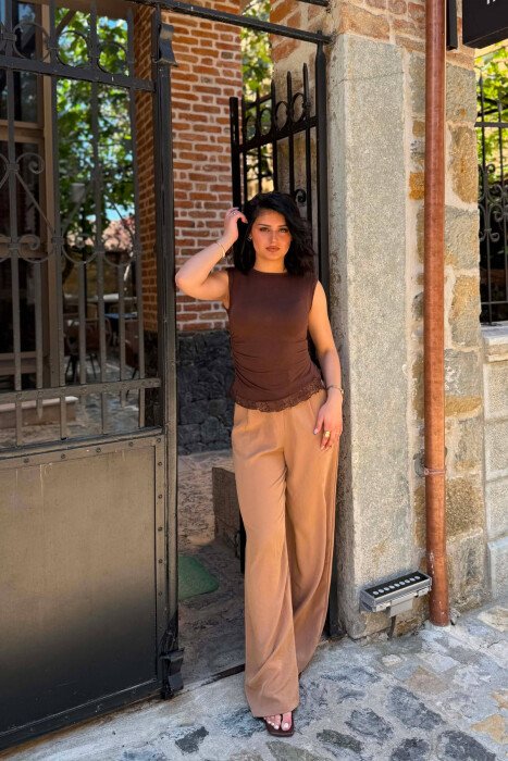 ONE COLOR SEMI ELASTIC WAIST WOMAN TROUSERS LIGHT BROWN/KAZB 