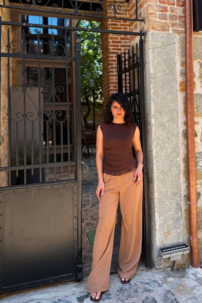 ONE COLOR SEMI ELASTIC WAIST WOMAN TROUSERS LIGHT BROWN/KAZB - 3