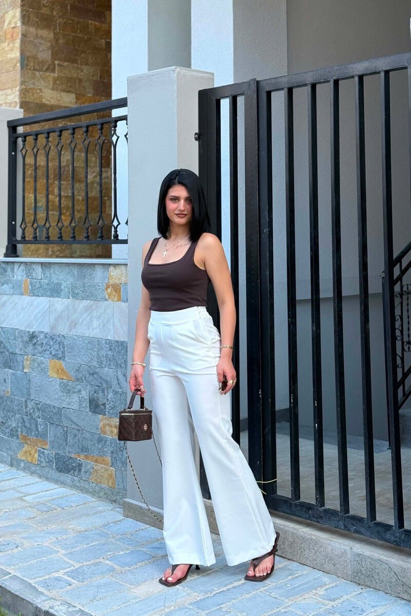 ONE COLOR SEMI ELASTIC WAIST WOMAN TROUSERS WHITE-E BARDHE - 3